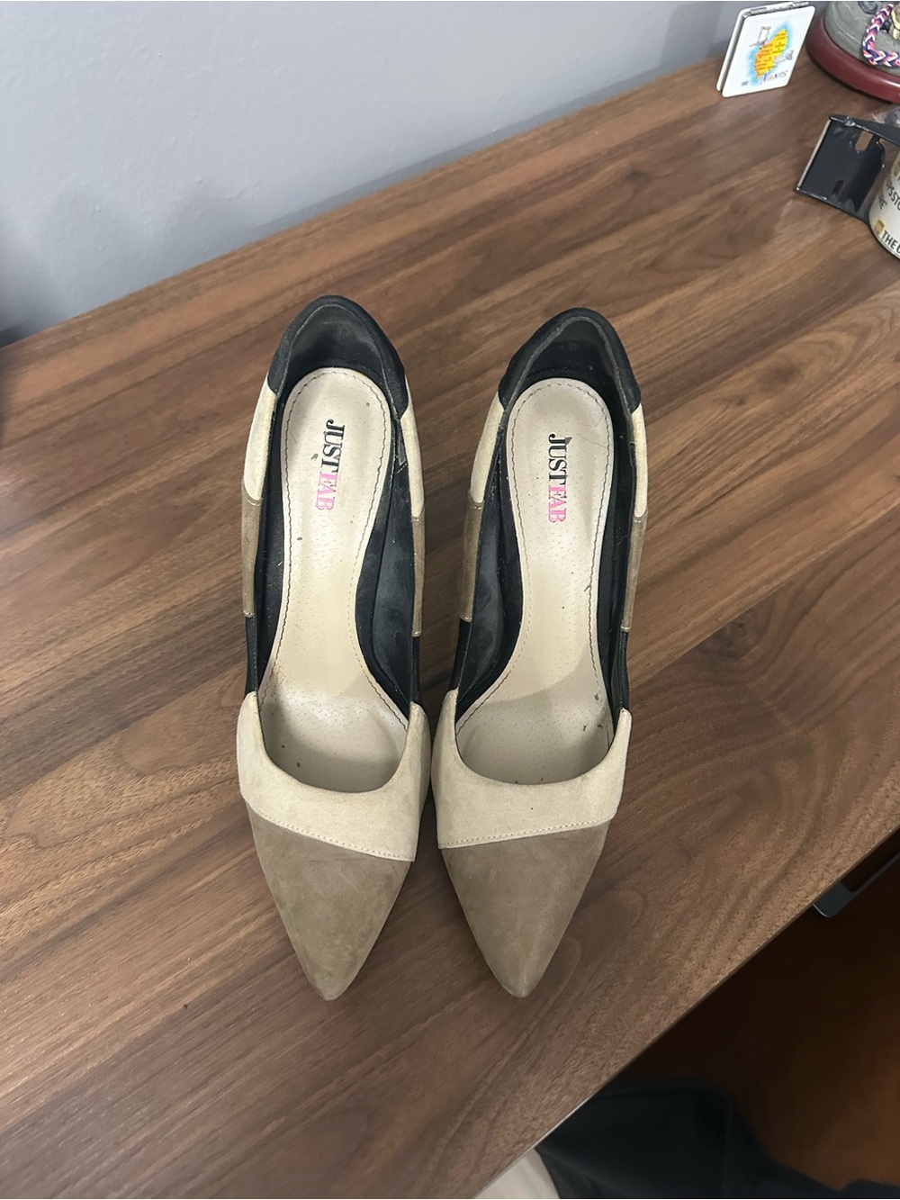 JustFab Two-Tone Taupe and Cream Pointed Toe Heels